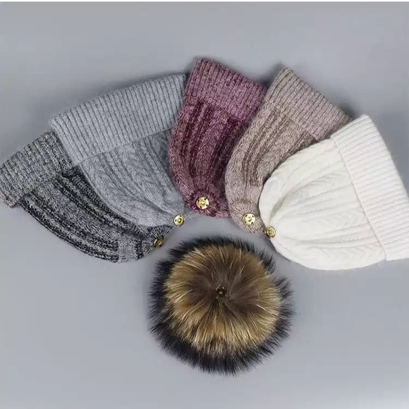 Ivory Angora Fur Pompom Cable Knit Beanie - Picture 4 of 5